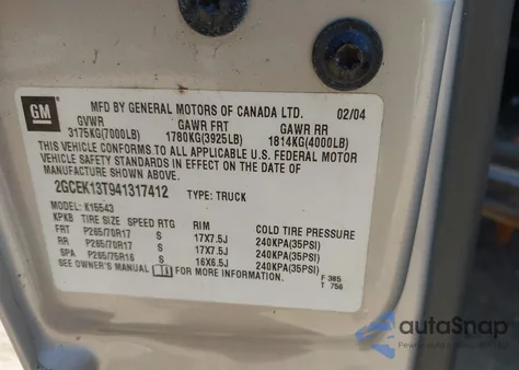 2004 Chevrolet Silverado 1500 Z71 из США, поврежденный, VIN 2GCEK13T941317412